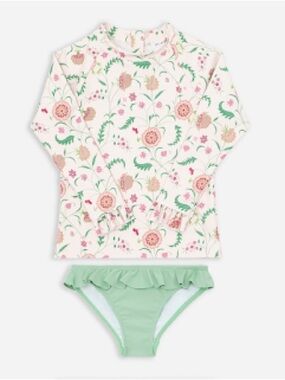 Minnow x Sister Parish Floral Rash Guard and Palm Green Swim Ruffle Bottoms